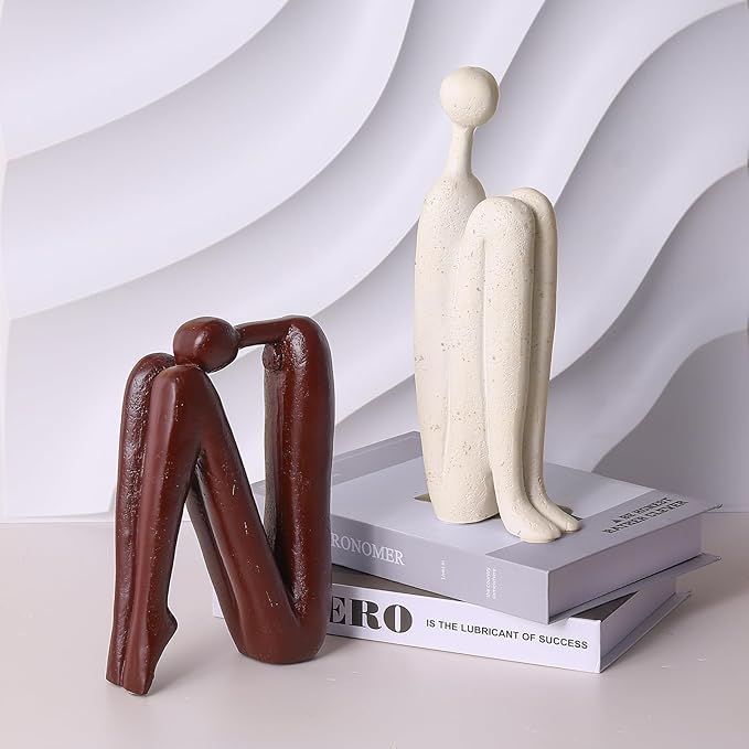 Thinker Statue Decorative Bookends,1 Pair/2 PCS Book Ends for Shelves Unique Modern Book Stopper for Heavy Books, Abstract Aesthetic Decor, Modern Home Bookshelf Decoration (White and Red Brown)