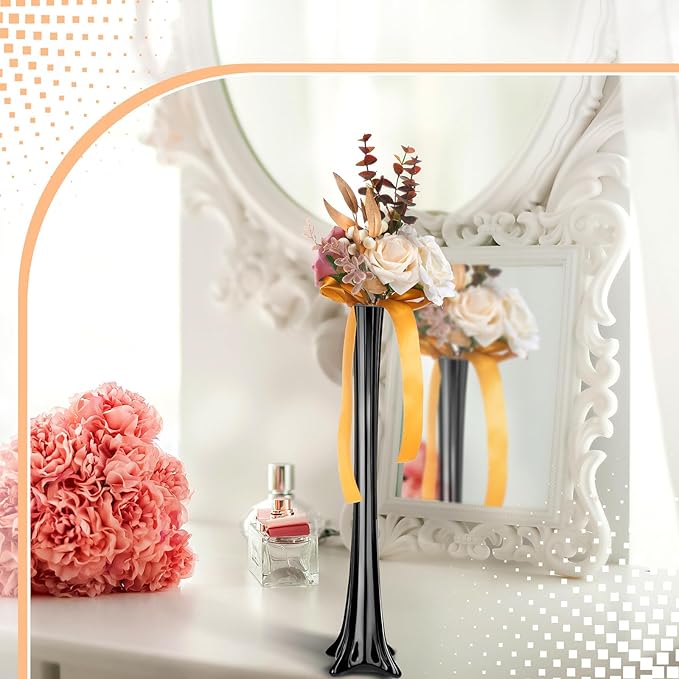 Roshtia 6 Pcs Eiffel Tower Vase Bulk 16 Inch Flute Vases Tall Glass Long Skinny Base Glass for Wedding Centerpiece Flowers Home Table Decorations Formal Dinners (Black)