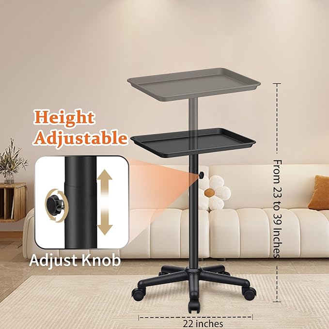 Black Salon Tray Height Adjustable Hair Color Tray with Wheels for Spa or Home Use