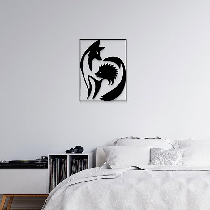 GlintHome Black Metal Wall Art - Fox and Hedgehog Cute Silhouette Wall Decor for Bathroom Bedroom Living Room Home Decor