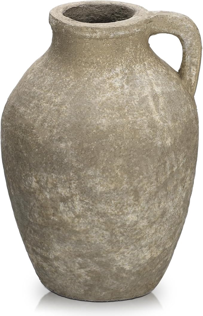Ceramic Rustic Farmhouse Vase, 9 inch Ceramic Oatmeal Flower Vase for Centerpieces Pampas Grass Pottery Jug with Handle Boho Modern Rustic Farmhouse Decor for Living Room Kitchen Dinner Table Shelves