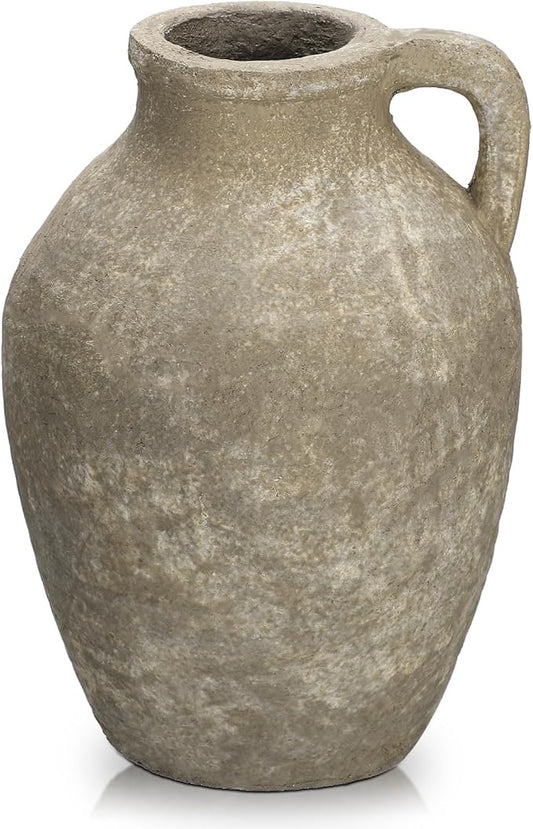 Ceramic Rustic Farmhouse Vase, 9 inch Ceramic Oatmeal Flower Vase for Centerpieces Pampas Grass Pottery Jug with Handle Boho Modern Rustic Farmhouse Decor for Living Room Kitchen Dinner Table Shelves
