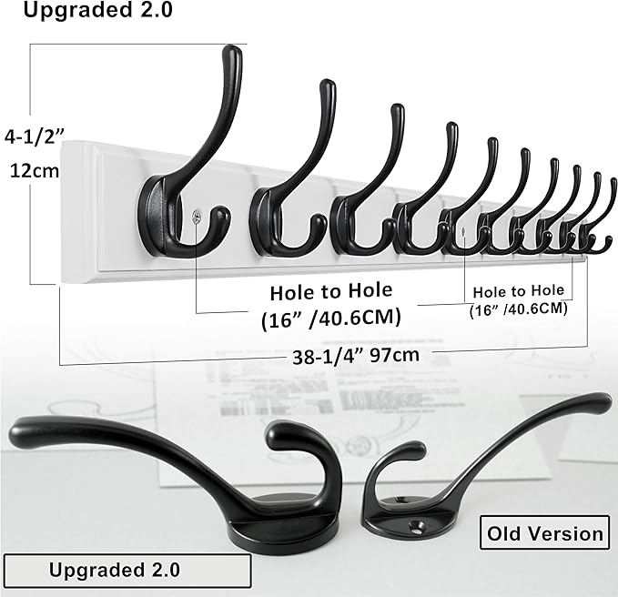 Dseap Coat Rack Wall Mounted: 10-Hooks, 38-1/4" Long, 16" Hole to Hole, Wood Coat?Hooks Wall Mounted, Hook Rack, Hook Rail, Hooks for Hanging Coats, White & Black