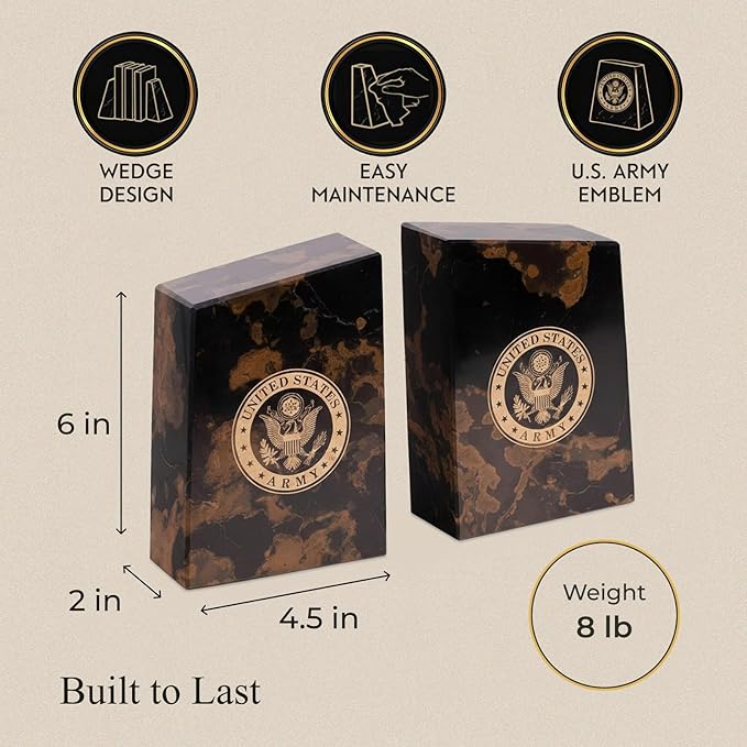 Bey-Berk U.S. Army Seal Tiger Eye Marble Bookends (Set of 2), 4.5" x 2" x 6" Heavy-Duty Military Book Ends, Officially Licensed Desk and Shelf Decor