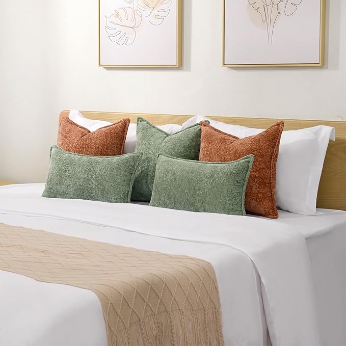 DEZENE Pack of 2 Sage Green Christmas Decorative Throw Pillow Covers 16x16 Cozy Soft Chenille Accent Vintage Square Couch Pillow Covers for Home Decor Bed Sofa Living Room