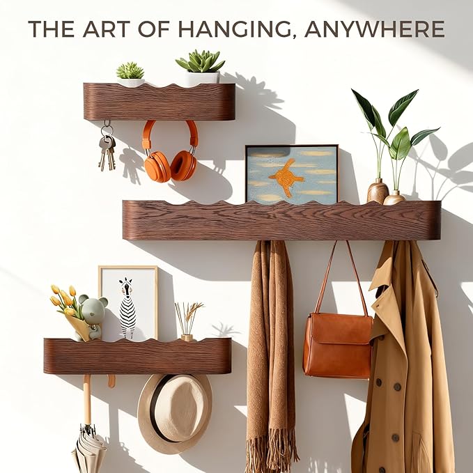 Wall Coat Rack Floating Shelves Modern Coat Rack Wall Mount with Storage Entryway Shelf Wooden Hanger 20 Inch 4 Hidden Metal Hooks for Living Room Bedroom (Wavy Walnut Color, 5 Hooks)