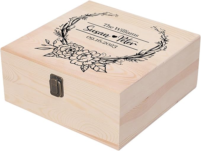 Personalized Wedding Keepsake Box Custom Name Date, Wooden Memory Box Wedding Gift Box for Couples Newlyweds - Customized Gifts for Bridal Shower Anniversary Engagement Christmas