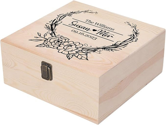 Personalized Wedding Keepsake Box Custom Name Date, Wooden Memory Box Wedding Gift Box for Couples Newlyweds - Customized Gifts for Bridal Shower Anniversary Engagement Christmas