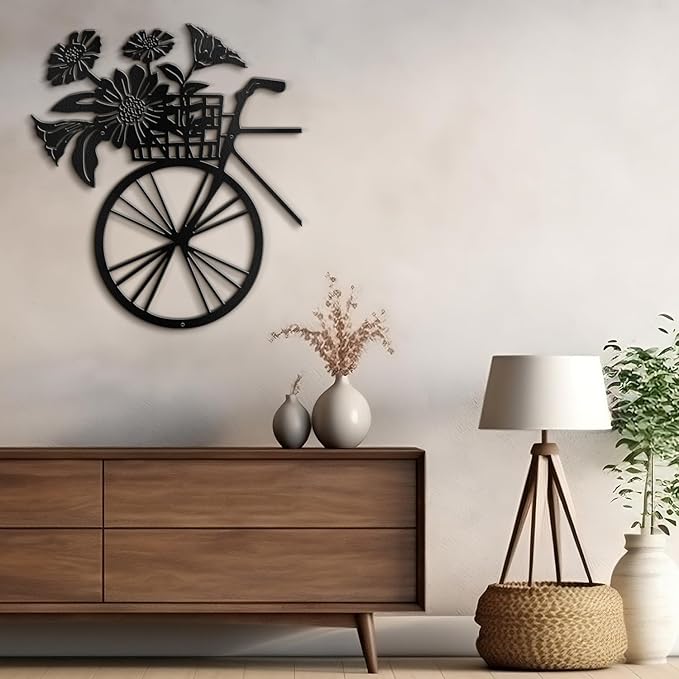 SIGNLEADER Metal Wall Art Decor Floral Bouquet in Bicycle Modern Abstract Wall Sculpture Hangings Home Decoration for Living Room, Bedroom, Bathroom, Kitchen, Outdoor - 18" Black