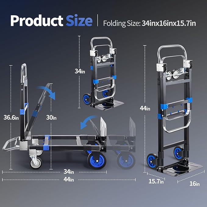 Pro 3 in 1 Aluminium Hand Truck 660lbs Capacity, Heavy Duty Convertible Hand Truck Dolly W/ 4 Rubber Wheels, Foldable Dolly Cart Collapsible Trolley for Warehouse Home Moving