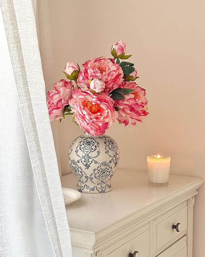 Vintage Chinoiserie Ceramic Vase, Classic Decorative Porcelain Flower Vase for Centerpiece Living Room Table Shelf, Retro Country Decor