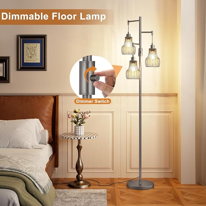 Ziisee Dimmable Floor Lamps for Living Room, Industrial Tree Standing Tall Lamps with 3 Elegant Cage Shade for Bedroom Office - Grey