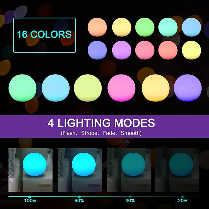 6-Inch Rechargeable LED Orb Light – 16 Color Glow Sphere, 4 Modes, Waterproof Ambient Lighting Ball, Glowing Orb for Indoor, Outdoor, Pool, Room, and Patio Decor