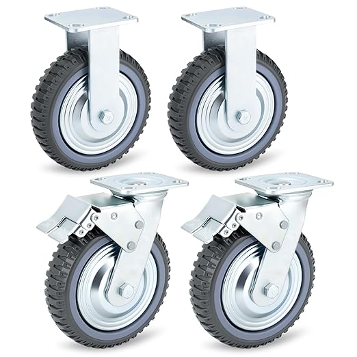 8 Inch Caster Wheels Heavy Duty Casters Set (2 Swivel with Brake, 2 Fixed No Brake), 1600kg/3500LBS Total Capacity Industrial Plate Caster for Workbench, Cart, Trolley, Warehouse Equipment