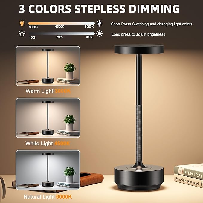 Cordless Table Lamp Rechargeable - Waterproof, Touch 3-Color Lighting Portable LED Table Light for Outdoor,Patio,Restaurant.(Black)