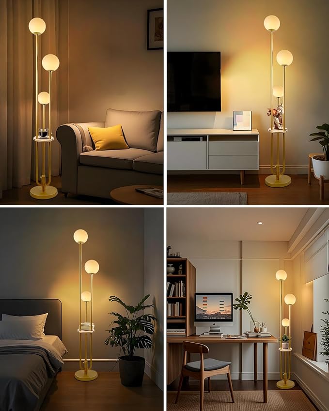Lightdot Gold Globe Floor Lamp 3-Lights Dimmable Floor Lamps with Tray 3000K Bulbs Included Unique Floor Lamp Candle Holder Style Modern Standing Lamps for Living Room/Bedroom