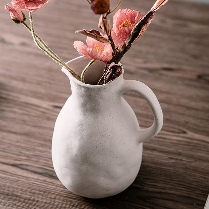 Kimdio Ceramic Vase with Handle, Modern Farmhouse Pitcher Vases for Home Decor, Rustic Pottery Vase, Decorative Clay Flower Vase, Centerpieces for Living Room