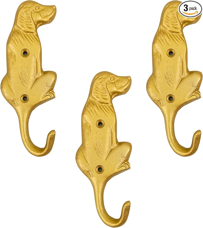Set of 3 Cast Iron Dog Shape Coat Hooks Wall Art Decor-Dog Shape Hangers and Key Holder-Clothes Rack and Backpack Hanger-Coat Hooks Home Decor for Storage, Living Room,Hallway (Gold Finish)