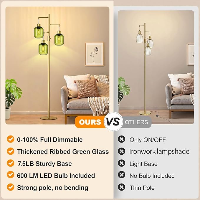 LVYE Glass Floor Lamps for Living Room, Modern Standing Lamps with Green Shade, Dimmable Green Tall Floor Lamp, Mid Century Gold 3 Lights Tall Tree Lamp with 3 LED Bulbs