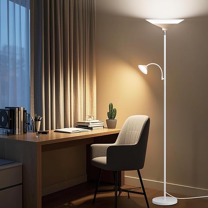 SIBRILLE Torchiere Floor Lamp with Wood Grain Shade, 72" Dimmable LED Standing Lamp with Remote, 2-in-1 Floor Reading Lamp with Color Changing, 34W White Corner Lamp for Living Room Bedroom Office