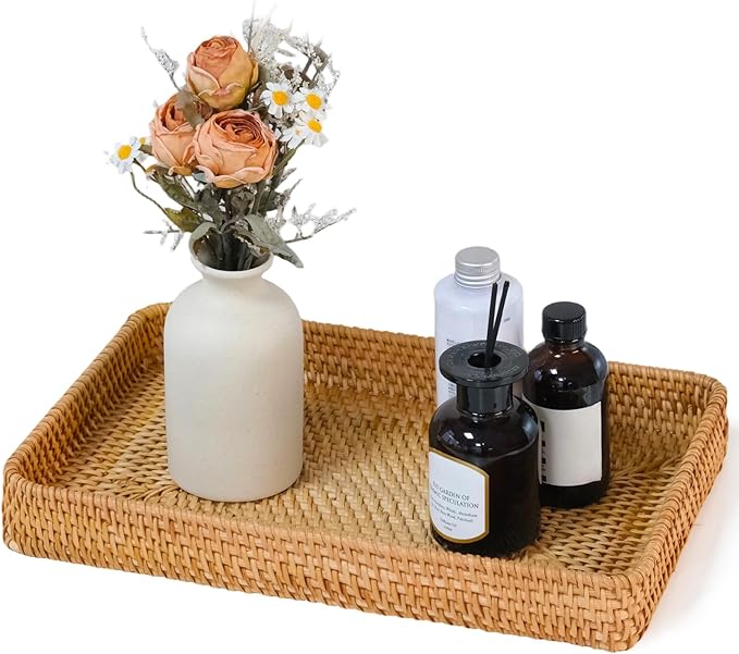 Rattan Serving Tray, Woven Wicker Rectangle Tray Shallow Basket for Organizing, Rattan Baskets for Coffee Table, Kitchen Counter, Bathroom, Organizing and Storage (14.6 x 9.1 inch)