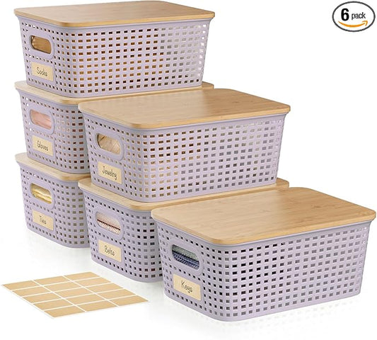 Plastic Storage Bins with Bamboo Lid - Stackable Pantry Storage Organizer with Lid - Storage Basket with Lable for Organizing: Small Storage Box for Shelves Cabinet Office Drawer Desktop 10x7x4in 6Pcs