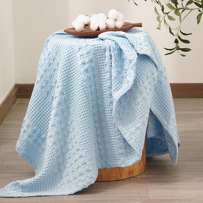 PHF 100% Cotton Waffle Weave Throw Blanket, Soft Lightweight Breathable Cozy Throws for Couch Bed Sofa, 300 GSM Luxury Aesthetic Blanket Gift for Home Decor & Office, 50"x60", Baby Blue