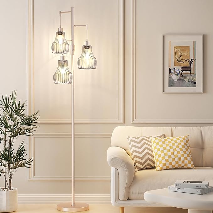 Ziisee Dimmable Floor Lamps for Living Room, Industrial Tree Standing Tall Lamps with 3 Elegant Cage Shade & 650 Lumens LED Bulbs for Bedroom Office - Light Gold