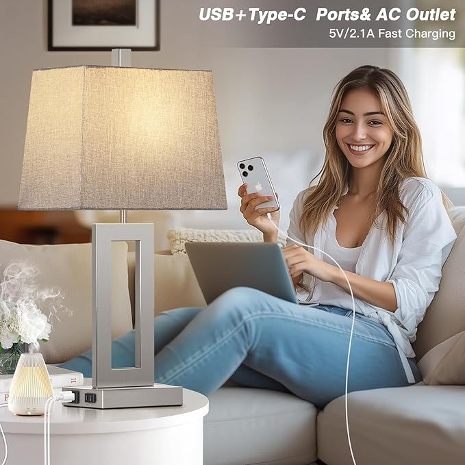 Touch Control Table Lamp Set of 2, Modern Silver Bedside Lamps with USB C+A Ports & AC Outlet, 3 Way Dimmable Bedroom Lamps for Night Stands Bedroom Living Room,Nightstand Lamp