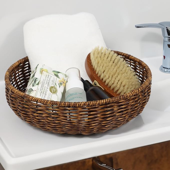 Fruit Baskets Bowl for Kitchen Counter, Round Bread Woven Wicker Basket, Candy Bowl Dish for Fruits, Breads, Vegetables,Snacks, Food (Large)