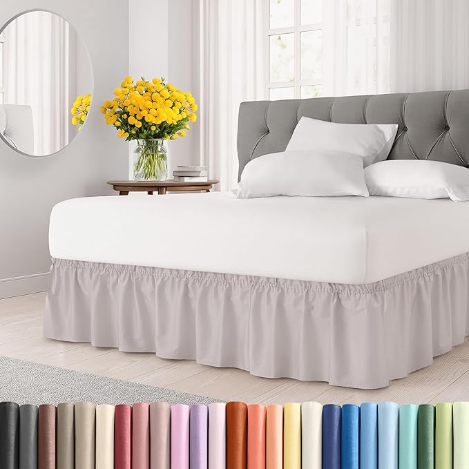 Wrap Around Dust Ruffle Bed Skirt - Light Grey - for King Size Beds with 24 Inch Drop - Elastic Strap - Adjustable Pleated Bedskirt with Brushed Fabric and Wrinkle Free - for Women, Men, Kids & Teens