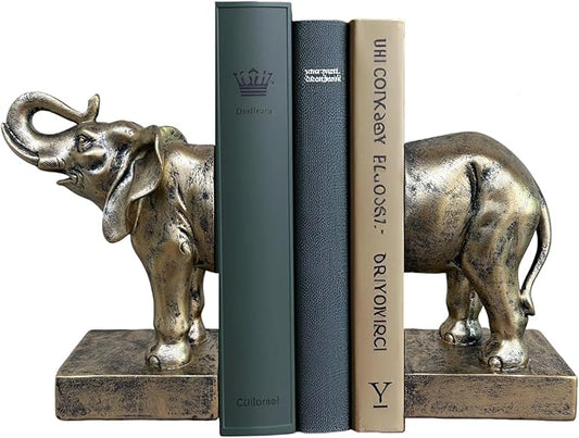 Elephant Bookends Set of 2 – Vintage Resin Animal Sculpture Book Stoppers, Heavy Duty Decorative Book Ends for Home Office Bookshelf