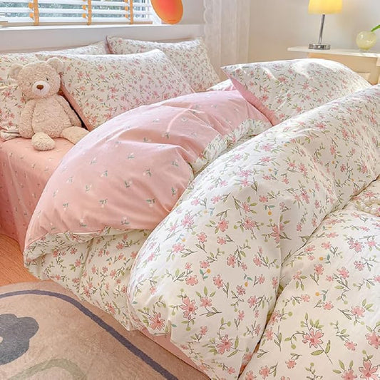 LifeTB Cotton Floral Duvet Cover Twin Pink White Bedding Sets Vintage Style Flower Botanical Boho Aesthetic Comforter Chic Garden with Zipper Closure, Twin(68/''x86/'')