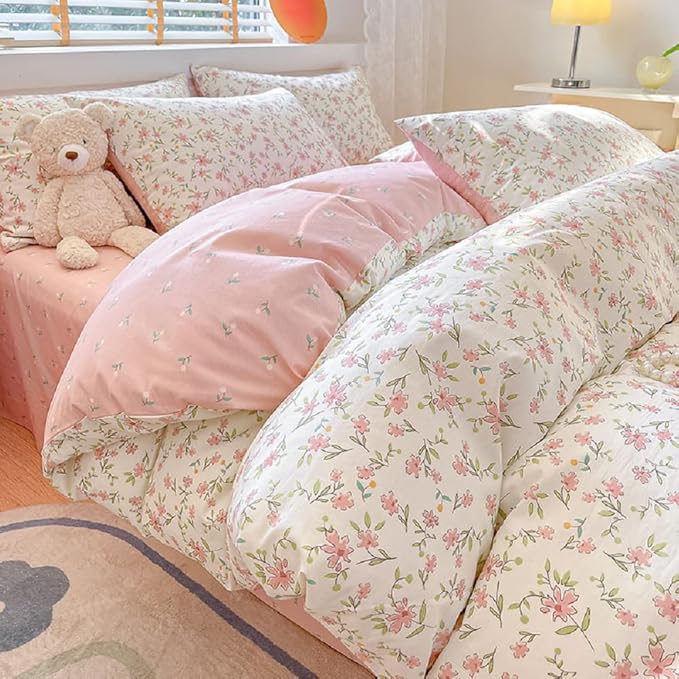 Pink Floral Duvet Cover Full Size 100% Cotton Chic Flower Botanical Duvet Cover Garden Style Girls Floral Comforter Cover with Zipper Closure Vintage Floral Cottagecore Bedding Set with 2 Pillowcases