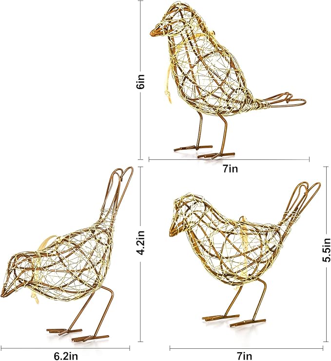 Artisan Bird Statues Trio - Christmas Ornament - Table Decor Handmade Gold-Wire Woven - Modern Farmhouse Shelf Decor with Hanging Chain, Multi-Pose Metal Bird Figurines for Home Office