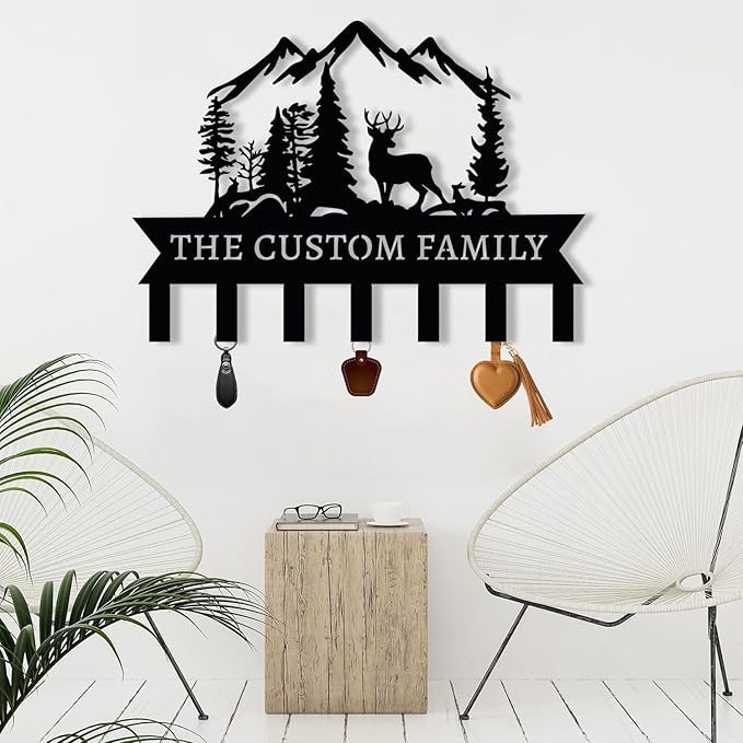 Personalized Metal Key Holder for Wall, Custom Deer Name Hooks, Name Letter Wall Decoration Key Hook, Lodge Decor, Key Rack for Entryway, Key Organizer for Living Room, Hunter Gift, Deer Cabin Sign