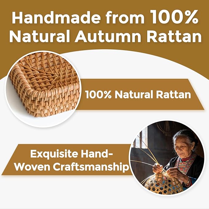 Small Rattan Serving Tray, Woven Rectangle Tray Key Basket for Entryway Table, Natural Wicker Trays Fruit Bowl Decorative Baskets for Bathroom