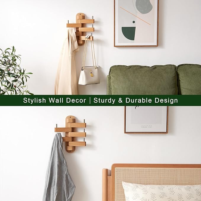 Swivel Coat Rack for Wall, Oak Wood Coat Hooks Wall Hooks with 5 Swivel Foldable Arms, Entryway Shelf for Bedroom, Entryway, Living Room, Bathroom,Office, Classroom, Heavy Duty (Natural)