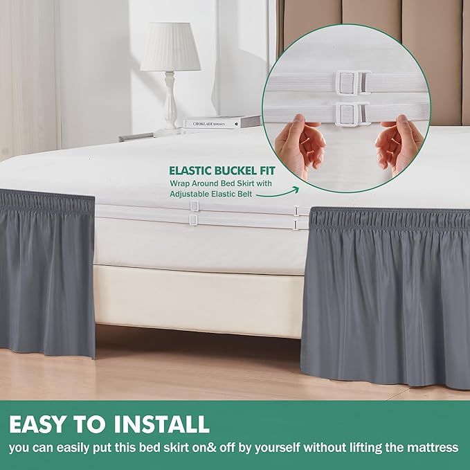 Biscaynebay Wrap Around Bed Skirts with Split Corners for Queen Beds 14" Drop, Dark Grey Elastic Dust Ruffles Adjustable Easy Fit Wrinkle & Fade Resistant Silky Luxurious Fabric Machine Washable