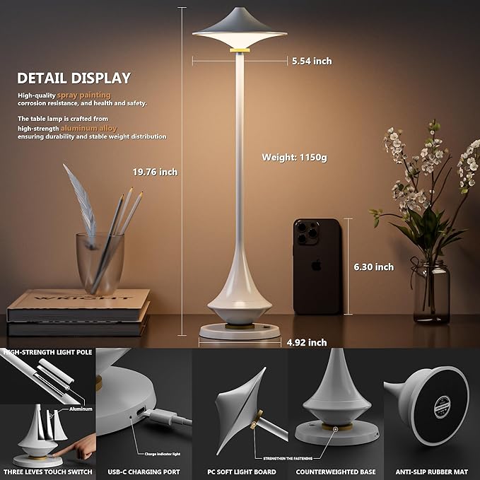 Modern Minimalist Cordless Table Lamp,Rechargeable,Aluminum Alloy Body for Living Room/Bedroom/Kitchen/Outside（White 1Pack）