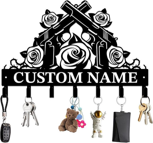 Personalized Custom Name Gun Wall Hooks,Metal Gun Room Art Clothes Hooks,Metal Gun Wall Home Storage Decorative,For Front Door, Hallway, Kitchen, Bedroom,Keys,Hats (Style E)