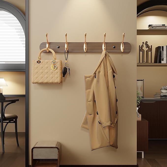 Coat Rack Wall Mount, Bamboo Coat Hanger with 5 Metal Pink Gold Hooks for Hanging Clothes, Towels, Keys, Hats, Bags(Brown)