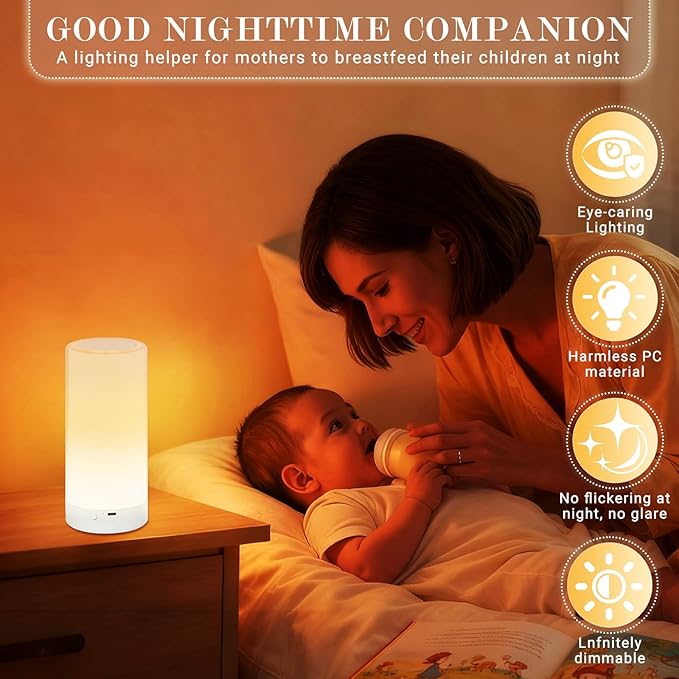 Table Lamp, Touch Sensor Bedside Lamps, Dimmable Warm White Light & Color Changing RGB for Kids Room, Bedroom, Living Room, Holiday Use