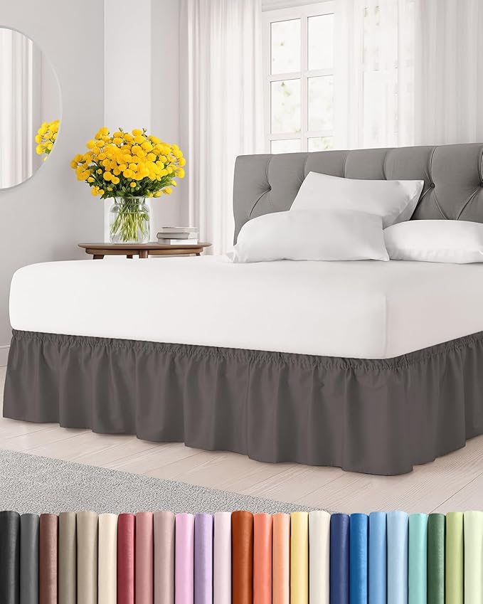 Wrap Around Dust Ruffle Bed Skirt - Dark Grey - Twin/Twin XL Size Beds with 24 Inch Drop - Elastic Strap - Adjustable Pleated Bedskirt with Brushed Fabric and Wrinkle Free - Women, Men, Kids & Teens