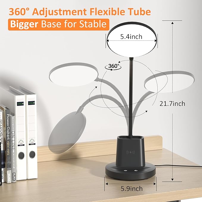 Desk Lamp with Wireless Charger, LED Desk Lamp for Home Office with Pen Holder, Dimmable Eye-Caring Study Desk Light Flexible Arm 3 Color Modes for College Dorm, 800 Lumens CRI 90