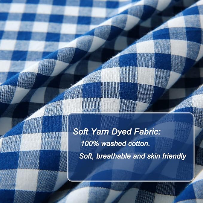 Silnuo Navy Blue/White Plaid Bed Skirt Washed Cotton Vintage Gingham Checkered Dust Ruffle Queen Size 14" Bedding(1 Bed Skirt Only)