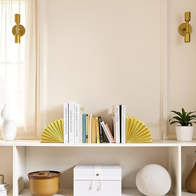 Golden Fan Shape Bookends Set of 2 – Elegant Resin Decorative Book Stoppers, Heavy Duty Modern Book Ends for Home Office Bookshelf Decor