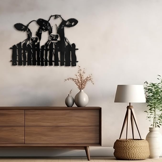 SIGNLEADER Metal Wall Art Decor Two Cows at the Fence Minimalist Modern Abstract Wall Sculpture Hangings Home Decoration for Living Room, Bedroom, Bathroom, Kitchen, Outdoor - 18" Black