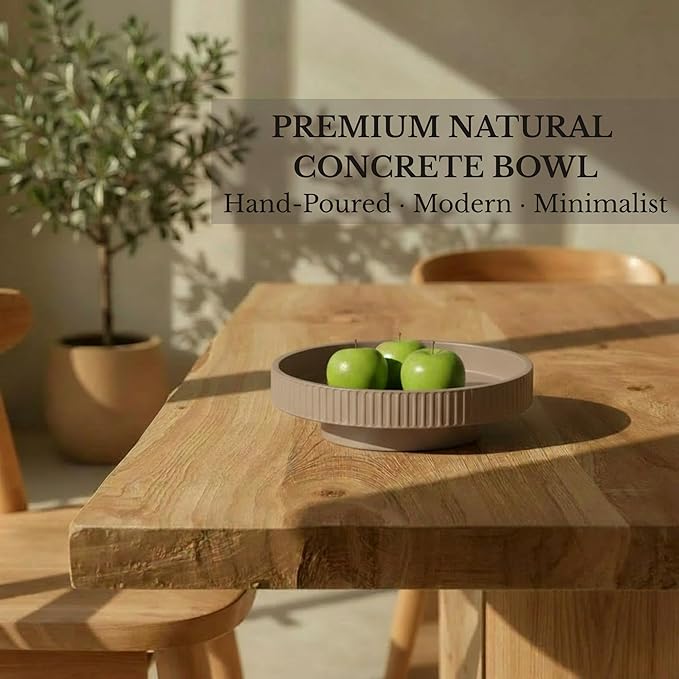 JUPTR 12” Fluted Concrete Fruit Bowl – Heavyweight Pedestal Decorative Bowl for Table Centerpiece, Entryway Catch-All & Modern Home Décor (Beige)