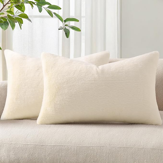 Pallene Faux Fur Plush Lumbar Throw Pillow Covers 12x20 Set of 2, Soft Fluffy Couch Pillow Covers for Living Room, Beige